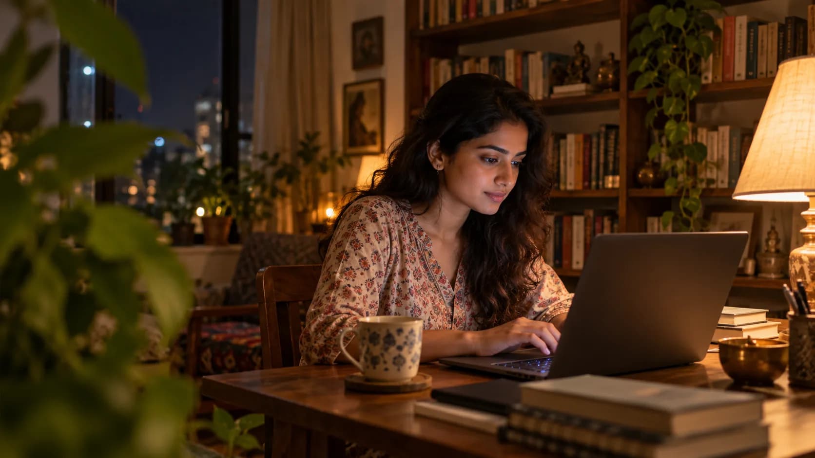 Young Indian woman working on her resume at a laptop at home